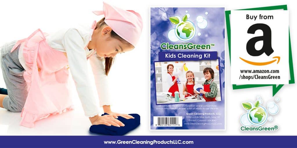 CleansGreen Kids Cleaning Kit by Green Cleaning Products LLC - CleansGreen Kit with Green Agents and Microfiber Cloth PLUS 3 BONUS Supplies of Reusable Wipes, Rags Best for All Natural, Organic, Biodegradable, Safe, Non Toxic, Clean Results